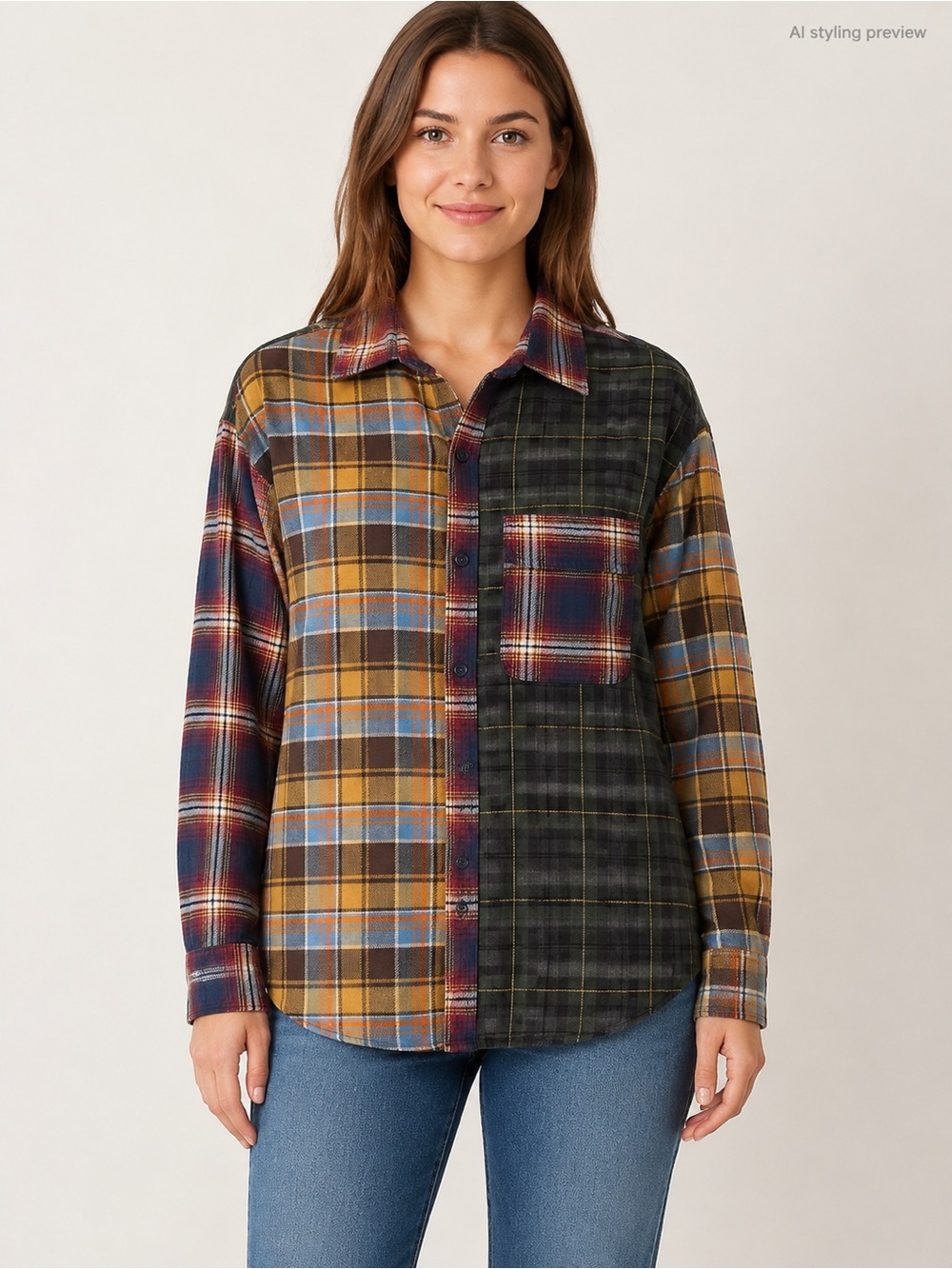American Eagle Outfitters Split Plaid Button-Down Shirt - Mustard, Navy, Olive